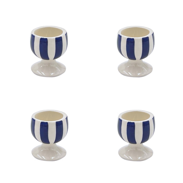 Set of 4 Ceramic Egg Cups in Navy Blue Stripes Villa Bologna Pottery