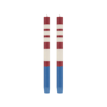 Pair of Guardsman Red, Royal Blue & Pearl White Striped Dinner Candles 25cm